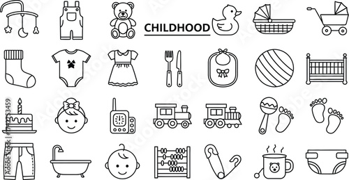 Childhood icons set vector illustration baby toys and accessories