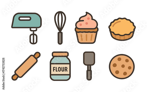 Vector Baking tools and pastries: mixer, whisk, cupcake, pie, rolling pin, flour jar, spatula, cookie