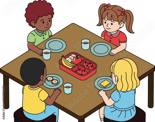 Children eating lunch together at school cartoon illustration