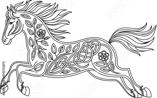 Elegant vector illustration of a tribal horse silhouette design with flowing hair and a decorative flower