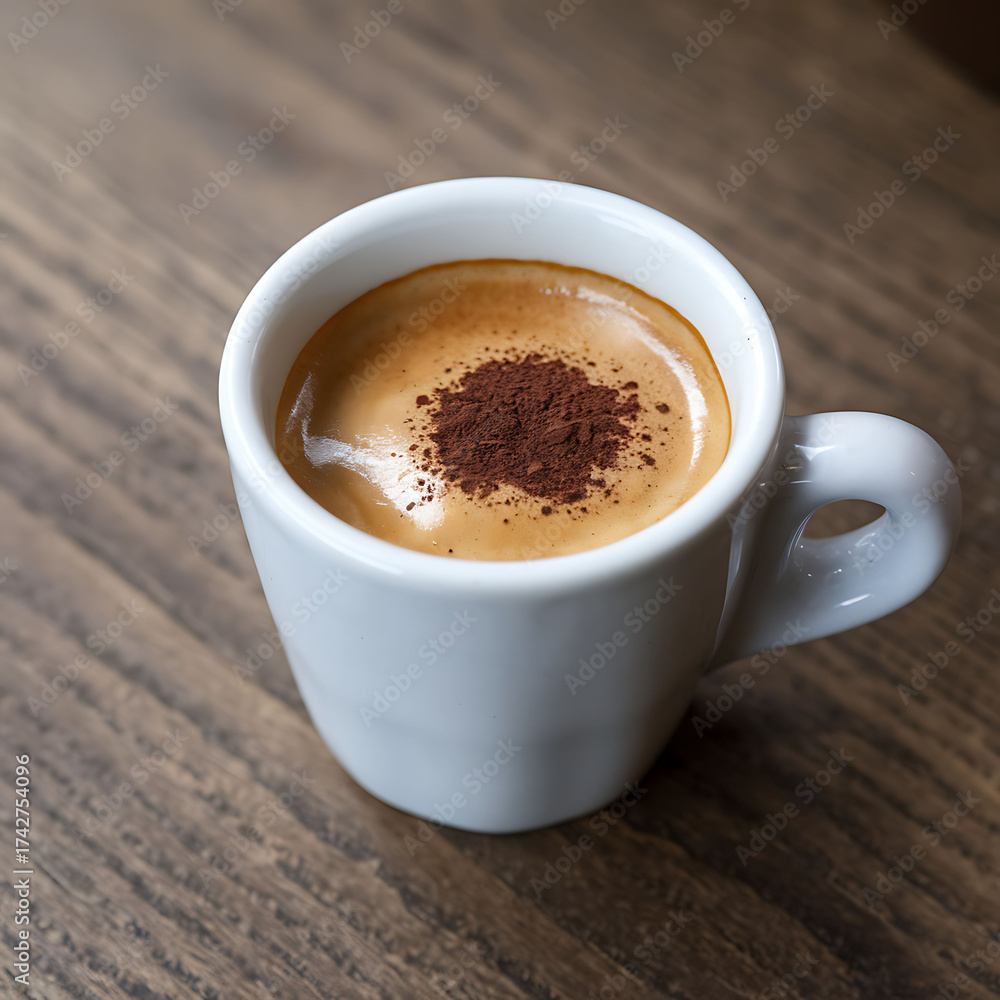 Obraz premium White cup of espresso with cocoa powder on wooden table