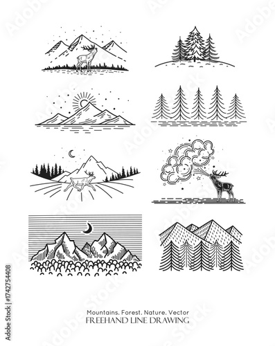 Mountains landscape set. Deer in front of the mountain ridge. Vector line drawing. Starry sky in forest, . Sketch label