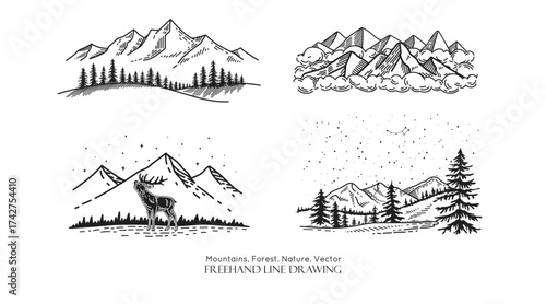 Mountains landscape set. Deer in front of the mountain ridge. Vector line drawing. Starry sky in forest, . Sketch label
