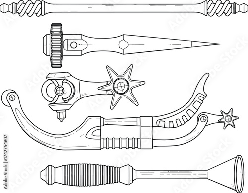 Antique cowboy spurs illustration, western riding gear, vintage equestrian equipment, black and white line art, detailed vector drawing, old fashioned horse tools