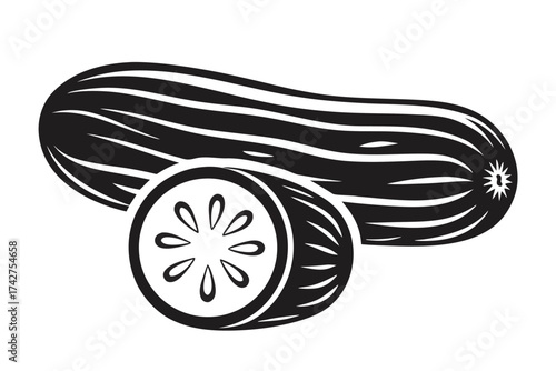 Zucchini Squash with Slice Detailed Graphics on White Background