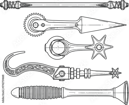 Antique cowboy spurs illustration, western riding gear, vintage equestrian equipment, black and white line art, detailed vector drawing, old fashioned horse tools
