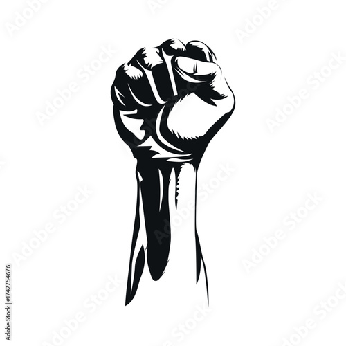 Silhouette raised fist hand clenched protest punch whiite background