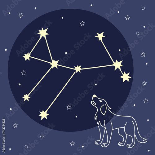 Illustration of the constellation canis major with dog on a dark blue background