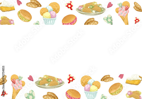 A decorative seamless vector border of hand-drawn Italian desserts. The design features ice cream, tiramisu, and pastries with berries and blossoms, making it perfect for menus