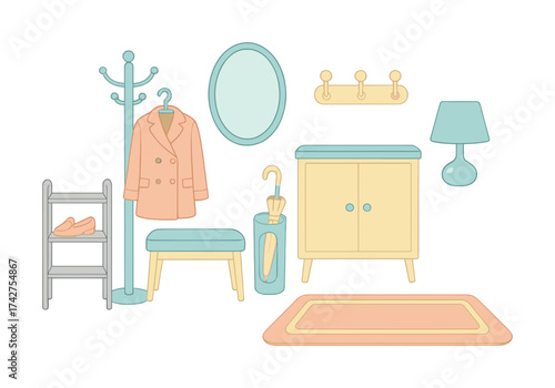 Vector Cozy pastel-themed entryway with coat rack, umbrella stand, and shoe storage