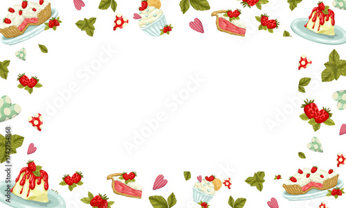 A decorative seamless vector border of hand-drawn Italian desserts. The design features ice cream, tiramisu, and pastries with berries and blossoms, making it perfect for menus