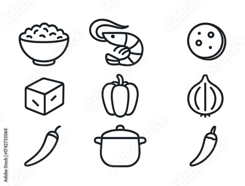 Vector Icon set of asian cuisine ingredients with rice, shrimp, and vegetables