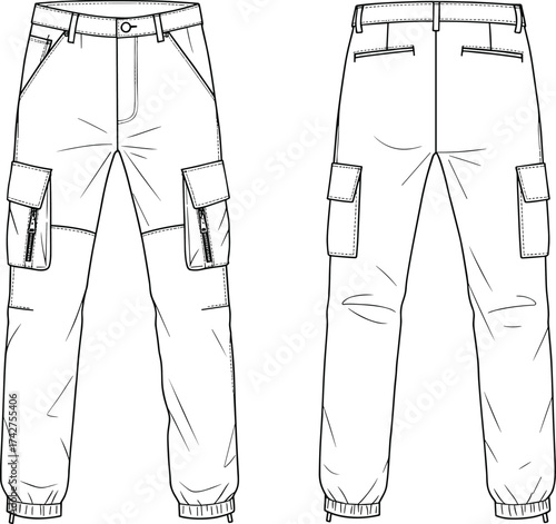 CAD drawing flat vector illustration of unisex cargo pants with multiple pockets, belt loops, elastic hem cuffs, fashion garment design, front back view