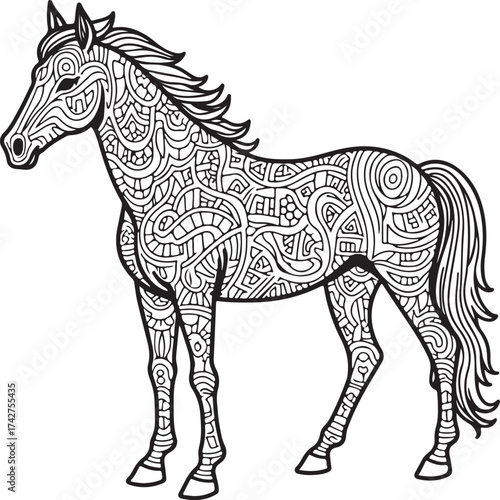 Black and white horse vector illustration with wildlife silhouette drawing