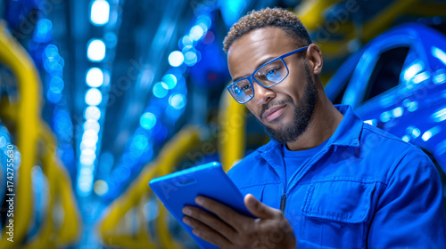 A skilled worker wearing blue overalls and glasses is focused on using a tablet inside a car manufacturing facility. Bright lights illuminate the area, showcasing the modern production environment