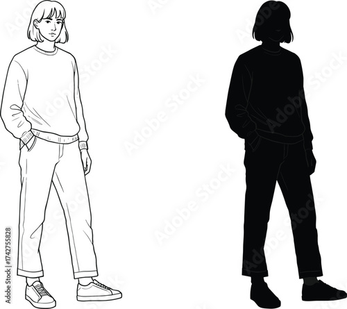 Casual fashion vector illustration, person standing in outline style, modern streetwear clothing design, black silhouette and line art drawing, trendy apparel sketch