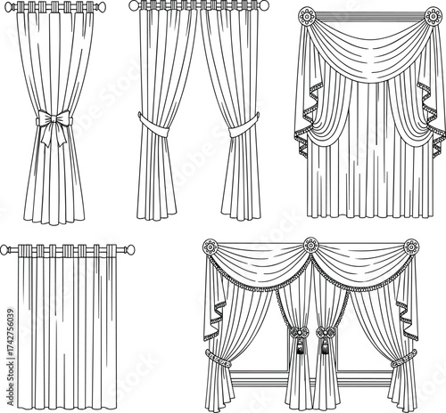 Curtain and drapery vector set, window treatment illustration, interior design element, home decoration sketch, fabric textile design, classic modern curtain styles