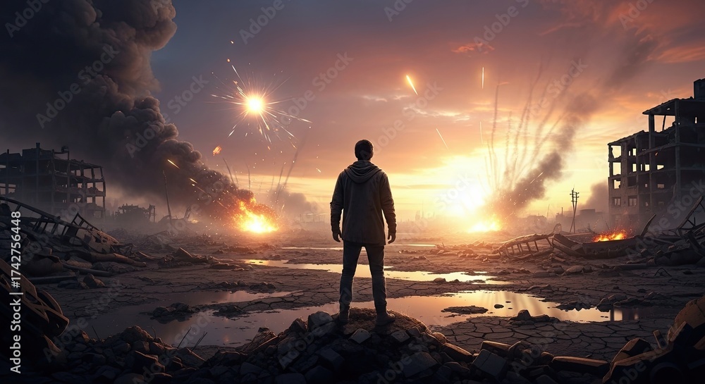 Fototapeta premium Man Stands Alone Amidst War Torn Cityscape