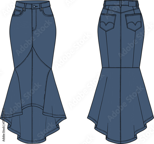 Denim mermaid skirt flat sketch, women’s fashion technical drawing, CAD clothing template, long high waist skirt design, vector garment illustration