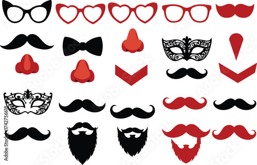 Disguise props vector set, funny mustache and beard collection, masquerade party masks, glasses and noses clipart, photo booth printable decorations