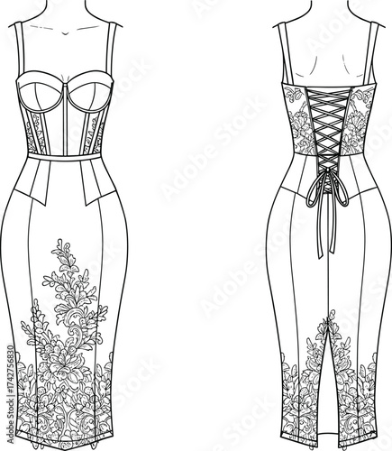 Elegant corset lace dress CAD flat fashion illustration, women bodycon midi dress with floral embroidery, back lace up, stylish apparel template