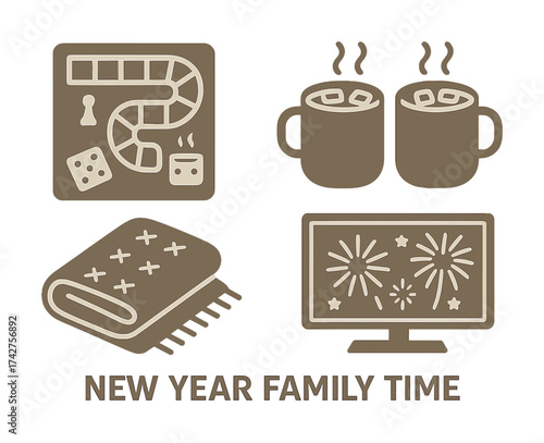 Vector Cozy new year family time with board games, hot cocoa, and fireworks on tv