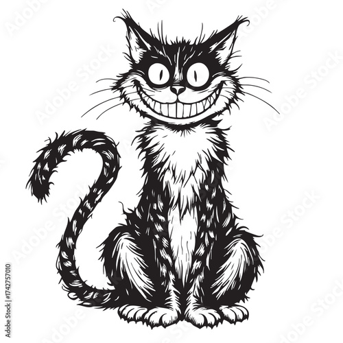 Grinning Cartoon Cat Vector — Black and White Whimsical Illustration of Spiky-Furred Cat with Wide Eyes and Mischievous Smile