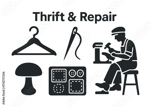 Vector Thrift and repair: icon set featuring sewing, hanger, cobbler, and patchwork