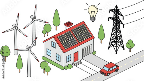 Sustainable living with solar panels and wind turbines illustration