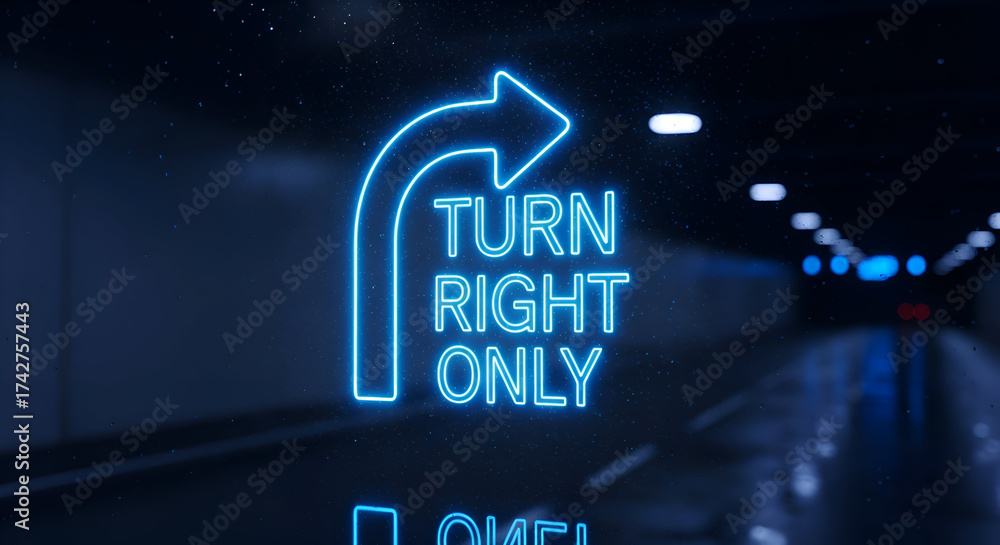 Obraz premium Neon Turn Right Sign Illuminated In A Dark Tunnel, Indicating Direction and Guidance