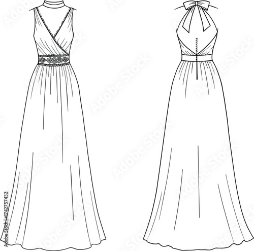 Fashion technical flat sketch, sleeveless lace waistband evening dress with halter neck bow tie back, elegant long gown design, cad drawing vector illustration