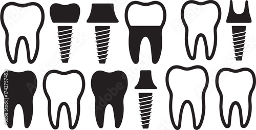 Black and white graphic icons of human teeth and dental implants arranged in two rows tooth