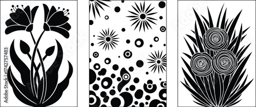 Black and white floral designs vector art illustration set