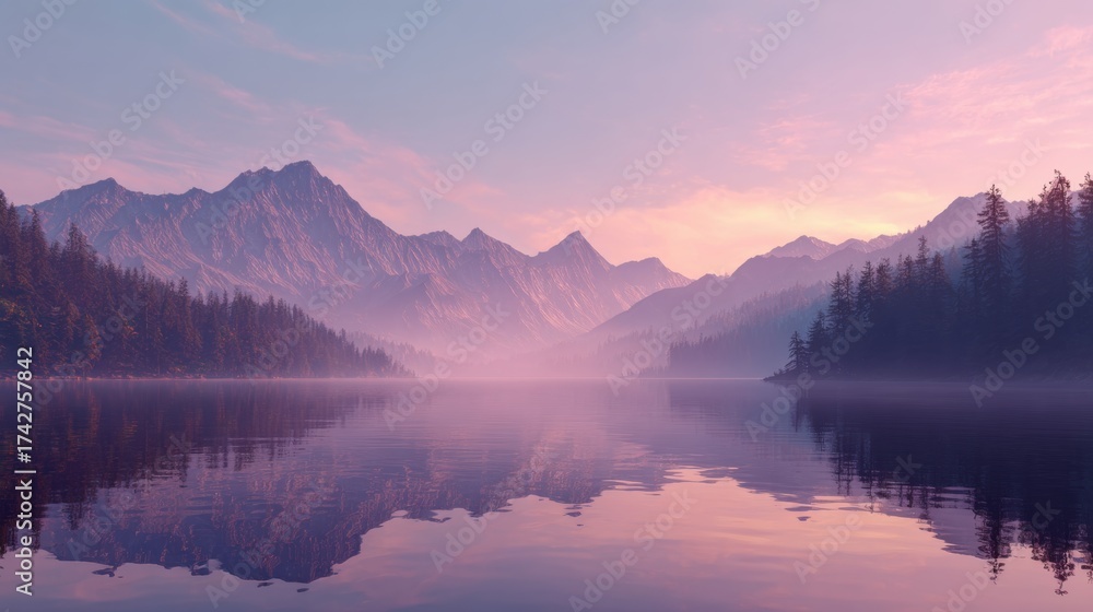 Fototapeta premium Serene mountain lake at sunrise bathed in soft pink and purple hues, reflecting majestic peaks and tranquil waters