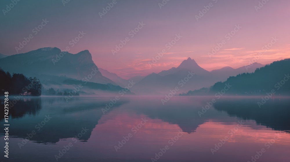 Fototapeta premium Serene mountain lake at dawn bathed in soft pink and purple hues reflecting the tranquil sky and misty peaks creating an ethereal landscape.