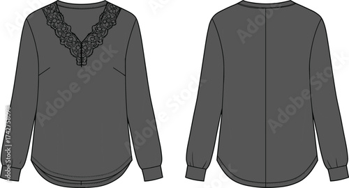 Lace V-neck blouse flat sketch, women’s fashion CAD template, long sleeve top design, vector garment illustration, apparel technical drawing, clothing pattern