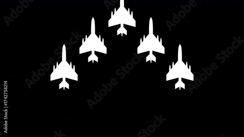 five jets fighter fly route from bottom to top.  animation on black background 4k video