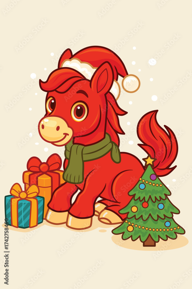 Naklejka premium Happy New Year Greeting: Cute Red Fire Horse with Gifts Vector
