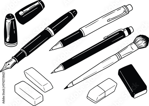 Stationery clipart set, black and white vector drawing tools, fountain pen, pencil, brush, eraser, sketch style illustration, digital art supplies