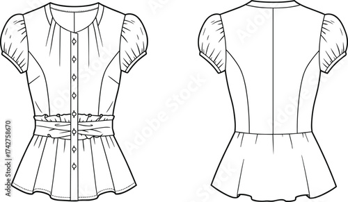Stylish women’s blouse flat sketch, puff sleeve top with belt waist detail, button front shirt, fashion sewing pattern, apparel CAD vector illustration