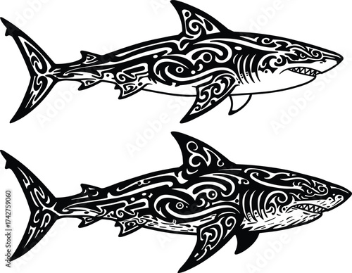 Tribal shark tattoo design, black shark illustration, ocean predator vector art, ethnic shark pattern, marine fish symbol, decorative artwork, traditional tribal style