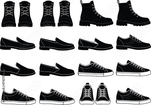 Vector shoe silhouettes collection, sneakers, boots, loafers, casual and formal footwear, black icons, stylish fashion shoes, footwear clipart design set