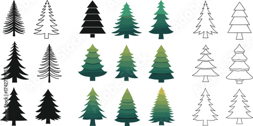 Pine tree silhouette and outline collection, evergreen forest design, minimal Christmas tree vector illustration, nature-inspired conifer shapes for holiday and landscape projects