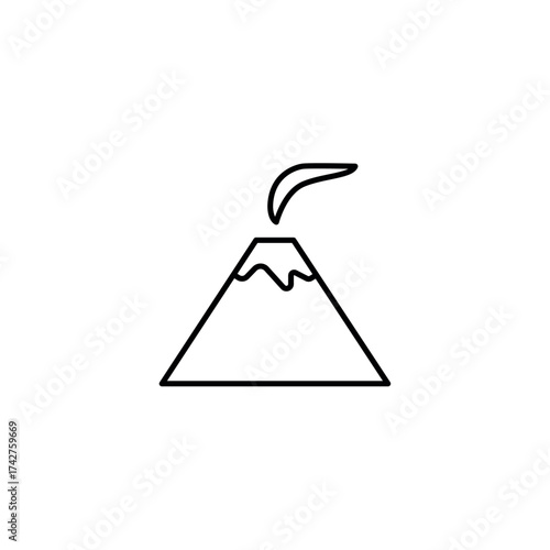 Simple outline icon of a smoking volcano with a curved plume of smoke, symbolizing nature, geology, danger, natural power, and a potential eruption in a minimalist vector line art.