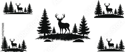 Deer in forest silhouette collection, wild nature landscape with pine trees, wildlife scene vector illustration, outdoor adventure and hunting theme design
