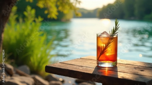 Refreshing Iced Beverage on Rustic Wooden Table by Tranquil Water at Sunset