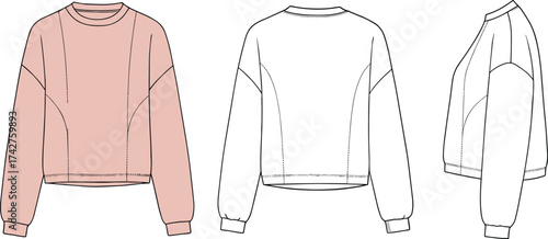 Women’s sweatshirt flat sketch, pullover top CAD template, fashion technical drawing, long sleeve crewneck design, vector garment illustration, apparel clothing pattern