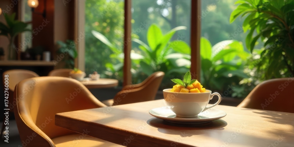 Fototapeta premium A refreshing tropical fruit dessert in a cozy cafe setting, bathed in sunlight streaming through large windows overlooking lush greenery
