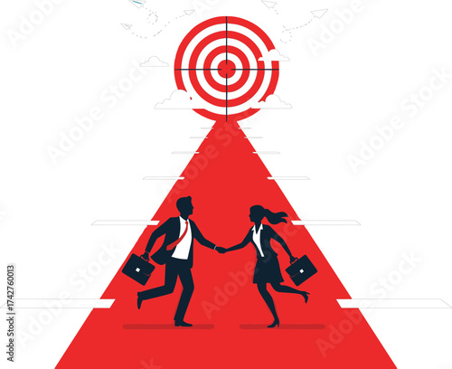 Business goal achievement illustration, professionals running toward target, teamwork and ambition concept, red pathway, vector art, corporate success strategy