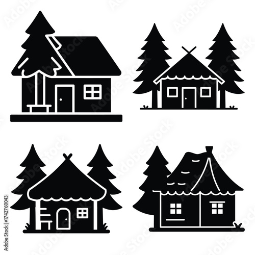 forest hut silhouette vector icon bundle
